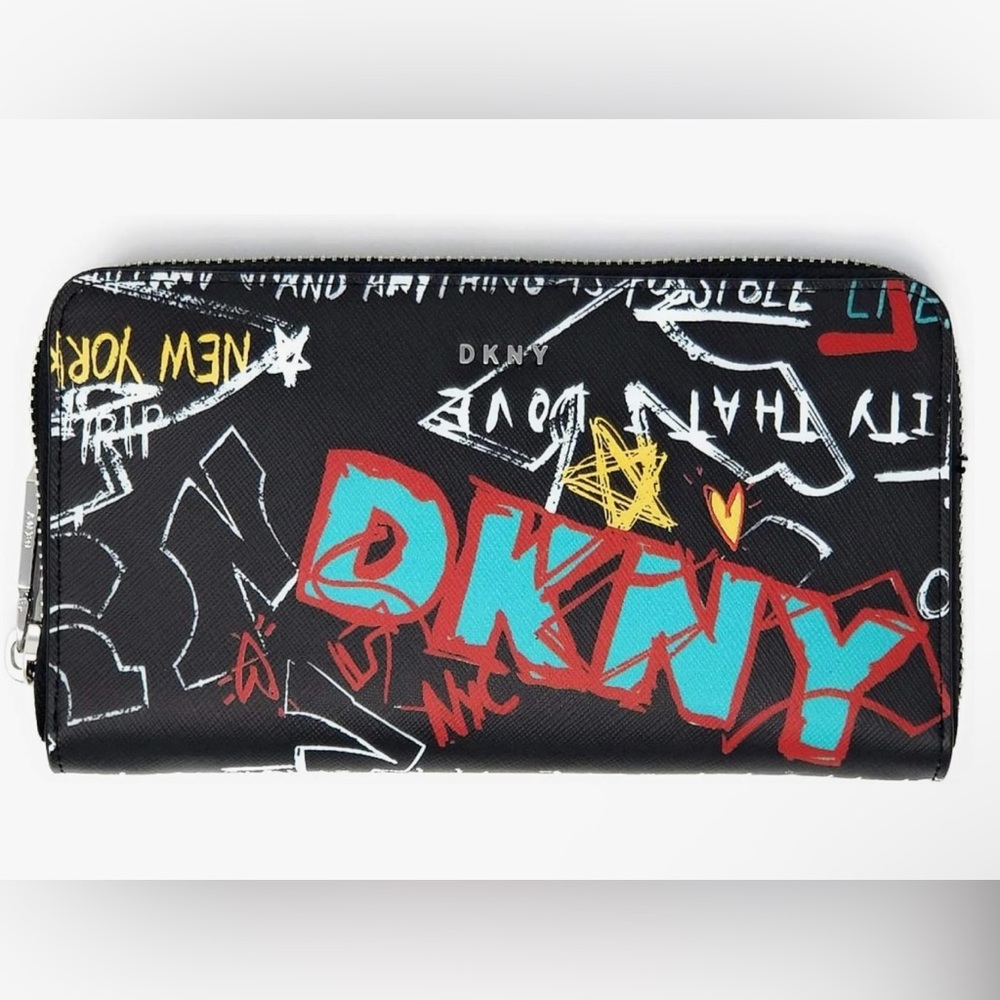 DKNY Black VELA Graffiti Lg. Zip Around Wallet Msrp$118